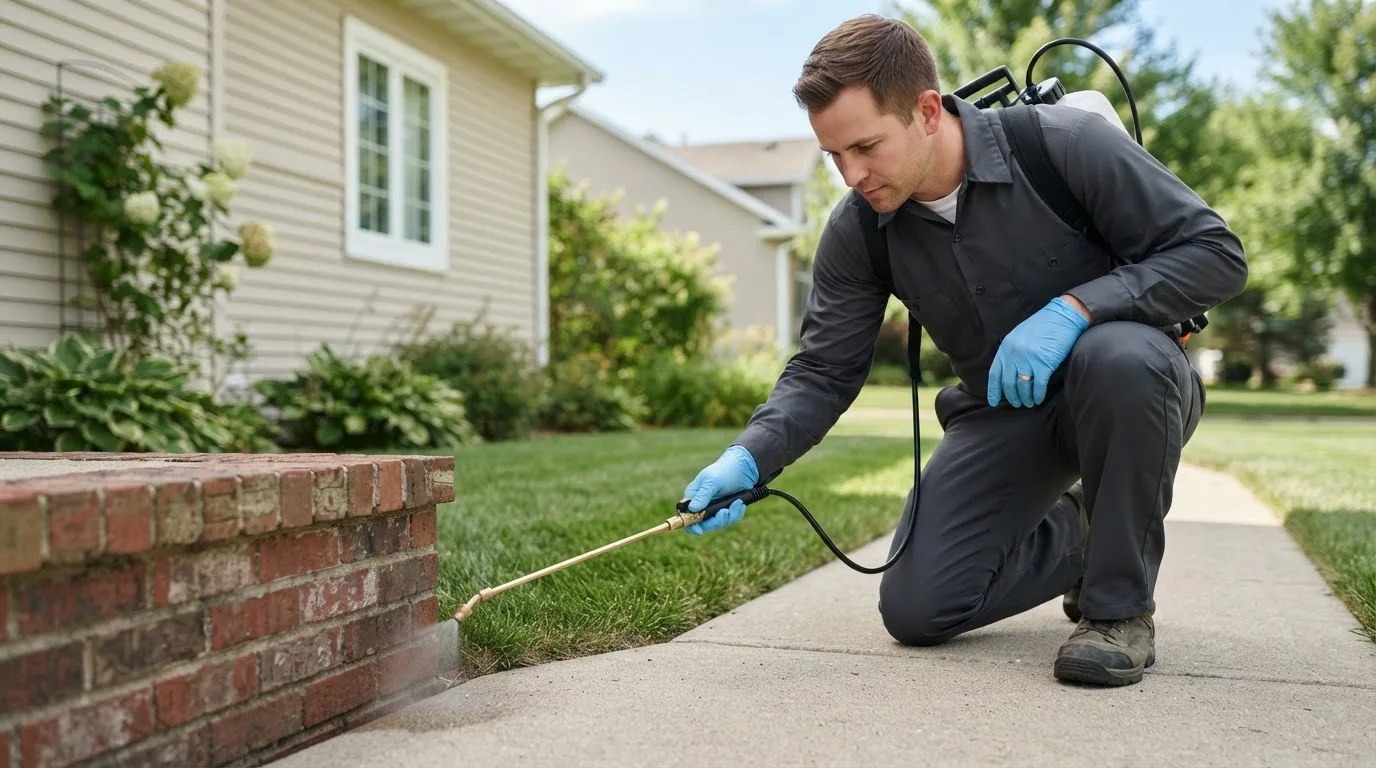 Pest control technician treating a home near Morocco, IN